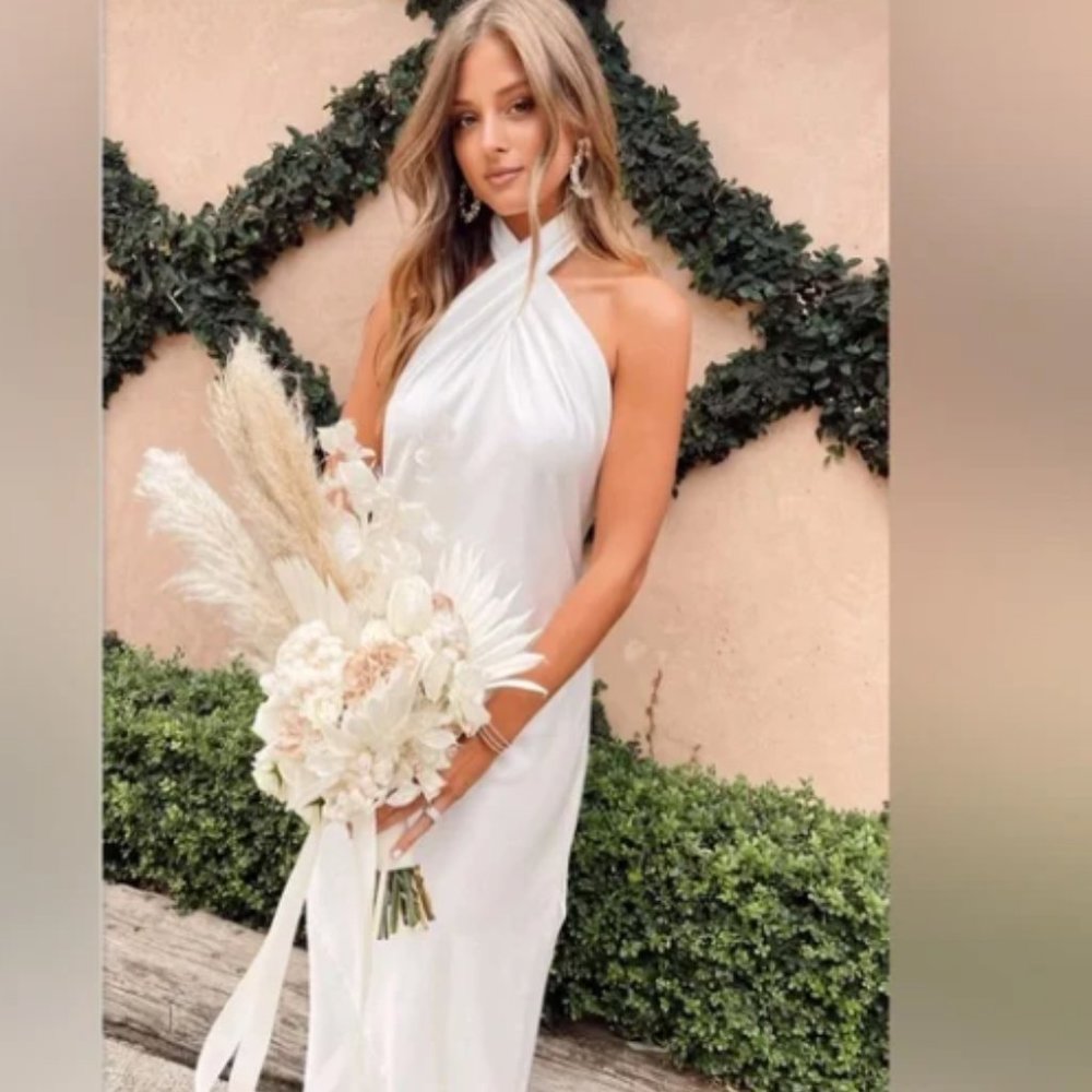 NWOT Jasmine Halter Maxi Dress in Ivory Luxe Satin Size Small